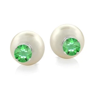 925 Sterling Silver Peridot European Crystals & Simulated Pearl Front Back Stud - Picture 1 of 4