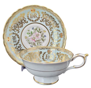 Paragon Double Warrant Queen Elizabeth II coronation floral blue Teacup/Saucer - Picture 1 of 16