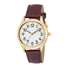 Men's Gold Tone Talking Watch White Face: Brown Leather Band - Choice of Voice