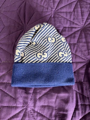 GUCCI KIDS Blue White MONOGRAM GG LOGO 100% WOOL Cuffed BEANIE Hat Size S/42 - Image 1 of 3