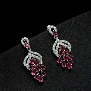Lab Created 4Ct Pear Cut Pink Ruby Drop/Dangle Earrings 14K White Gold Plated - Picture 1 of 3