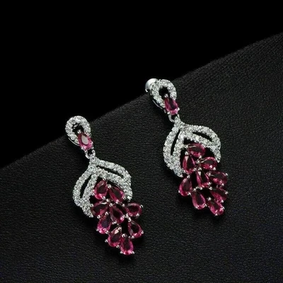 Lab Created 4Ct Pear Cut Pink Ruby Drop/Dangle Earrings 14K White Gold Plated - Image 1 of 3