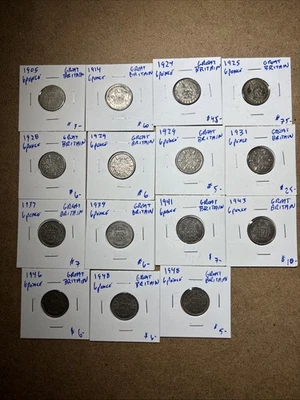great britain coins silver Lot 15 Piece Circulated All 6 Pence 1905-1948 - Image 1 of 4