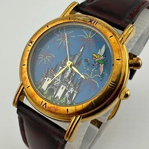 VTG Disney Quartz Watch Unisex Gold Tone Luminous Castle Dial Leather New Batter - Imagen 1 de 6