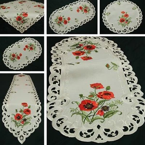 Red Poppy Doily Table runner Tablecloth Linen-look Cream with Flower Embroidery - Picture 1 of 11
