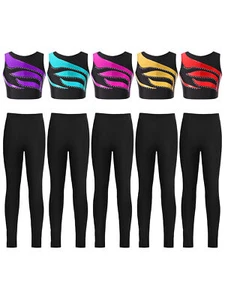 Girls Kids Dancewear Black Tights Outfit Gymnastics Sets Activewear Clothing - Picture 1 of 57