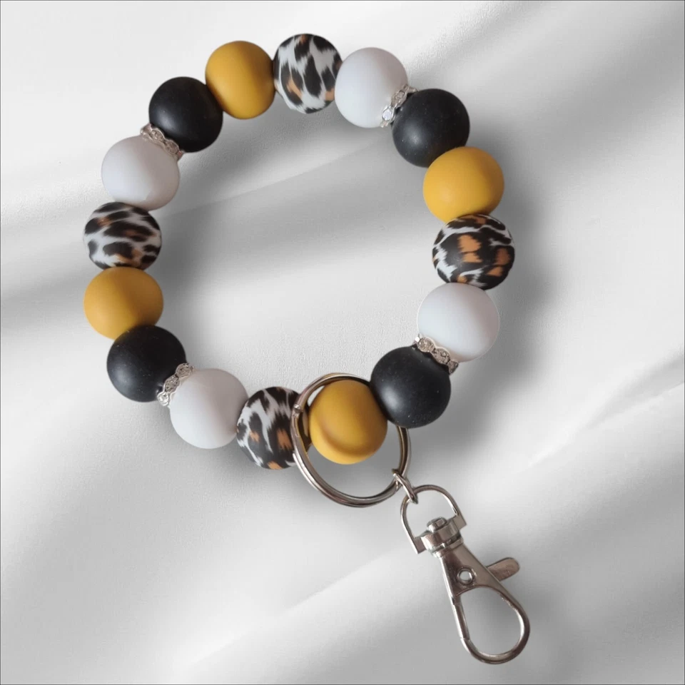 Mostaza Leopardo Silicona Cuentas Pulsera Llavero Muñequera Llavero - Accesorio Llave Foto 1 de 1