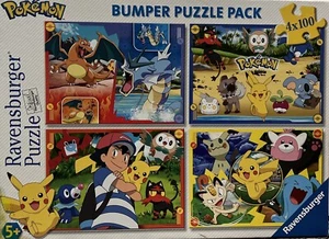 Pokemon Ravensburger Bumper Puzzle Pack 4 X 100 Puzzle Pikachu Complete  - Picture 1 of 3