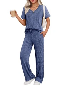 Lounge Sets for Women Ribbed Pajama Set Short Sleeve Top and Long Pants Set w... - Picture 1 of 5
