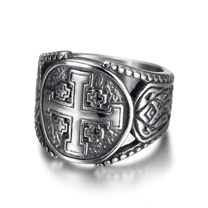 Bague bracelet à doigt homme croix de Jérusalem signe rond vintage cadeau chrétien - Photo 1/6