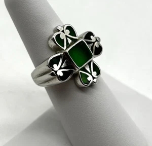 Sterling Silver 925 Scroll Green Enamel Ornate Cross 4 Leaf Clover Ring Size 6 - Picture 1 of 10