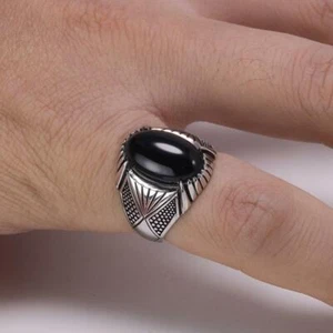 Bague Agate naturelle homme argent massif 925 pas cher pierre noir Vintage Onyx - Imagen 1 de 8