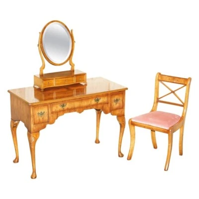 LOVELY VINTAGE ENGLISH BURR WALNUT DRESSING TABLE, MIRROR AND SIDE CHAIR - Image 1 of 4
