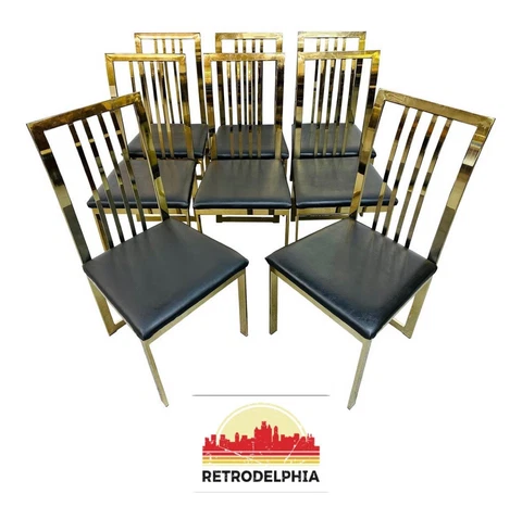 Vintage Milo Baughman Style Flat Bar Brass Dining Chairs - Set of 8 Cover