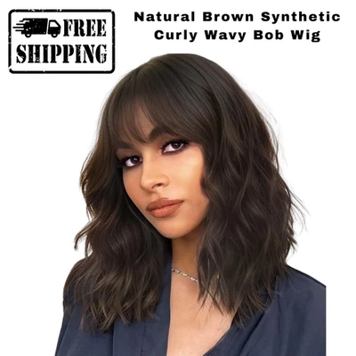 Mujeres Natural Marrón Sintético Rizado Ondulado Corto Bob Peluca Flequillo Cabello Moda Regalo Foto 1 de 4