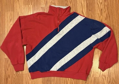 Pullover Jerzees Vintage 1/2 Cremallera Años 90 Rayas Cuello Simulado Rojo Azul Para Hombres Pequeño Foto 1 de 4