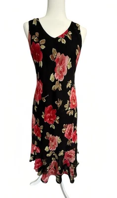 Vintage Petite Sophisticate Black Floral Midi Slip Dress Red Rose 6 Chiffon 90s - Image 1 of 4