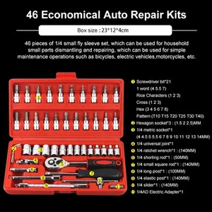 46 Piece/Set of Car Repair Tool Kit 1/4-Inch Socket Set Ratchet Torque Wrench - Picture 1 of 18