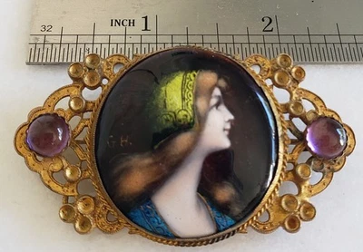 ANTIQUE FRENCH LIMOGES MINIATURE FOIL ENAMEL PORTRAIT DORE BRONZE PIN BROOCH G.H - Image 1 of 4