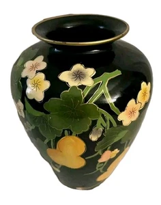 Vase Asian Ceramic Handpainted ~9.5" Black Yellow Flowers Home Decor Art - Picture 1 of 20