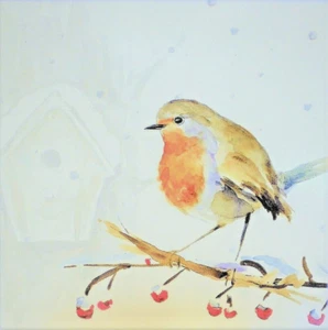 Art Greeting Card Winter Snow Bird Branch Birdhouse Berries Watercolor - Picture 1 of 1