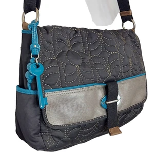 Fossil KeyPer Messenger Bag Black Teal Floral Quilted Laptop Briefcase Magnetic - Picture 1 of 19