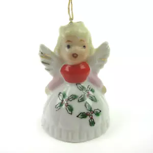 Vintage Christmas Bell Angel Ornament Holly Dress Red Gold Porcelain Japan 1950s - Bild 1 von 9