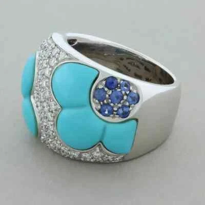 12.40TCW Simulated Sapphire & Turquoise Half Flower & Eternity Wide Women's Band - Image 1 of 4