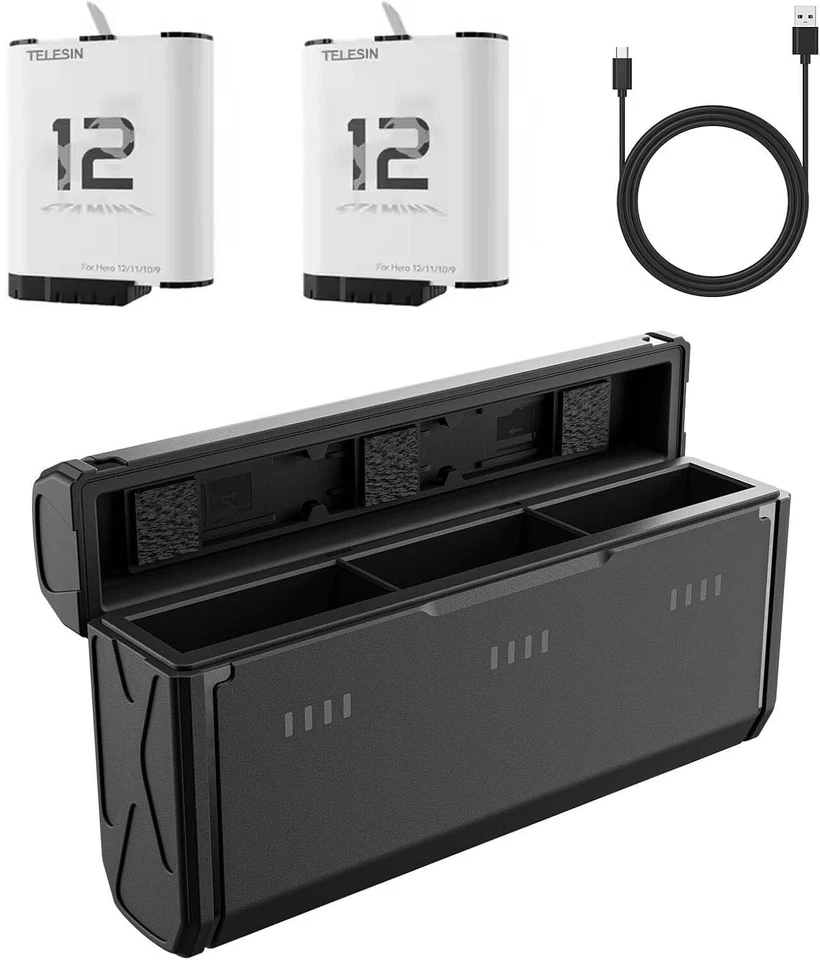 MARKENLOS 2 Pack Enduro-Akku und 3-Slot-Akkuladegerät für Go Pro Hero 12 11 10 9 Ladegerät