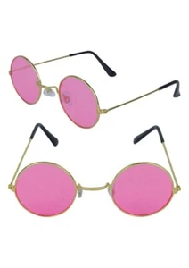 Adult Gold Framed Glasses & Pink Lenses - Costume Accessory Fancy Dress Up 60's - Picture 1 of 2