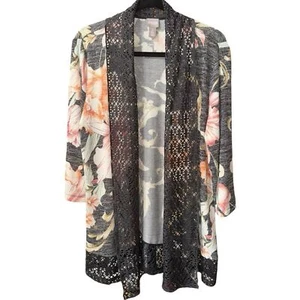 CHICOS Floral Knit Open-Front Jacket Cardigan Women's Size L Gray Orange Lace - Picture 1 of 6