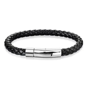 BRACELET HOMME CUIR NOIR ET FERMOIR EN FORME DE CYLINDRE ACIER INOX 0101S - 19CM - Picture 1 of 1