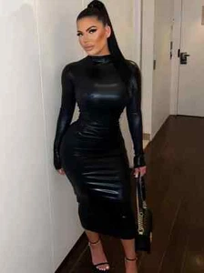 Solid Long Sleeve Bodycon Dress, Party Club Dress For Spring & Fall, Blk Large - Picture 1 of 8