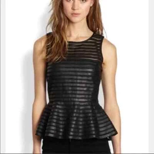 Parker NEW W/Tag Size S Leather & Mesh Stripe Peplum Tank Top / Black - Picture 1 of 11