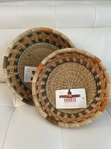 Two Large Round Woven Shallow Baskets African Market Baskets Set of Two NWT Cover