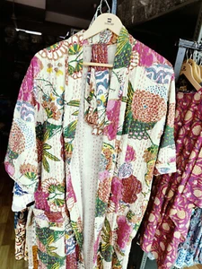 Cotton Kantha Quilted Kimono Robe Handmade Jacket Bathrobe Women Wear Kimono - Picture 1 of 3