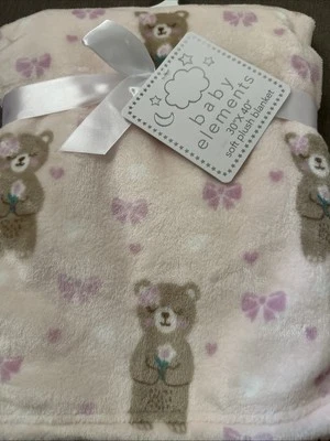 Baby Elements NWT Pink standing up bears Floral Animals Blanket Plush 30"40" new - Image 1 of 4