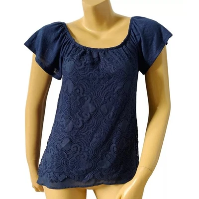 Blusa feminina NO BORDERS tamanho XS (1) sobreposição de renda azul manga curta boho - Imagem 1 de 4