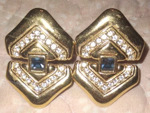 Vintage Swarovski Kristall goldfarben mit Strass blau Mitte Clip auf Ohrringe RAR - Bild 1 von 4