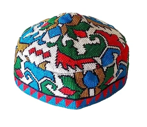 UZBEK IROQI TRIBAL HAND EMBROIDERED SILK HAT-UNISEX - APPROX 21.5" - SMALL - Picture 1 of 4