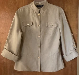 Vintage Jones New York Leinen 3/4 Arm Hemd Jacke Damen Gr. L hellbraun Taschen - Bild 1 von 5