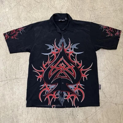 Sapphire Lounge Shirt Mens Large Red Black Button Up Rave Punk Tribal Flames Y2K - Image 1 of 4