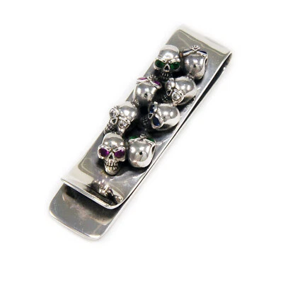 GRAVEYARD SKULLS COLOR STONE 925 STERLING SILVER BIKER GOTHIC MONEY CLIP JO-M003 - Image 1 of 4