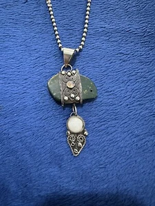 Vtg Handcrafted Sterling Silver 925 Bloodstone White Jade Pendant Necklace, 20” - Picture 1 of 9