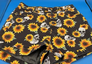 HT DENIM Ultra Hi-Rise Button Front Short 11 Sunflower Skull Print Button Fly - Picture 1 of 6