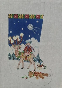 Mary Engelbreit Handpainted Needlepoint Canvas Stocking Girl On Reindeer 21” - Picture 1 of 7