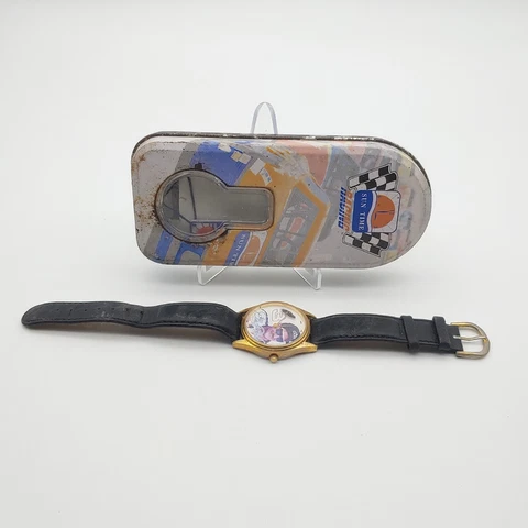 Vtg 90s Dale Earnhardt Sun Time Racing Watch Black Band White Face In Tin *Read* Cover