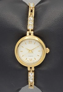 Ladies Classic Gold Tone Round Dial Rhinestone Tennis Bracelet Watch L8 - Picture 1 of 8