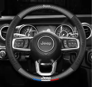 15" PU Leather+Carbon fiber Steering Wheel Cover For 1943-2025 jeep All Cars - Picture 1 of 16