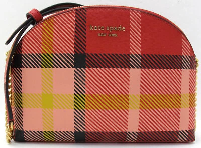 NEW KATE SPADE Morgan Leather Museum Plaid Double Zip Crossbody Red Multi Gold - Image 1 of 4